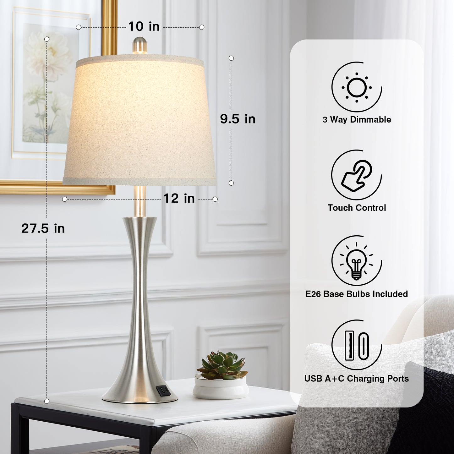 27.5'' Bedside Modern Table Lamp Oatmeal Linen Shade, Silver Nickel Base, E26 LED Dimmer Bulb, USB & Type-C Charging, Touch Switch (Set of 2)