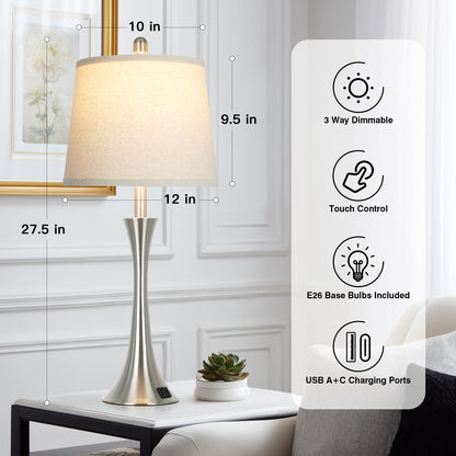 27.5'' Bedside Modern Table Lamp Oatmeal Linen Shade, Silver Nickel Base, E26 LED Dimmer Bulb, USB & Type-C Charging, Touch Switch (Set of 2)