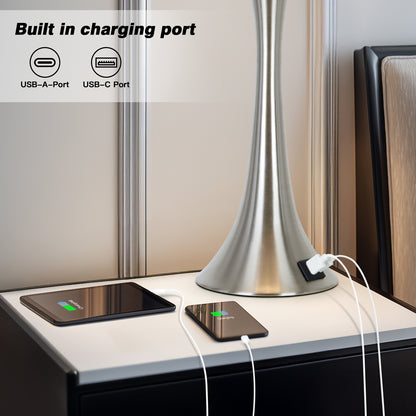 27.5'' Bedside Modern Table Lamp Oatmeal Linen Shade, Silver Nickel Base, E26 LED Dimmer Bulb, USB & Type-C Charging, Touch Switch (Set of 2)