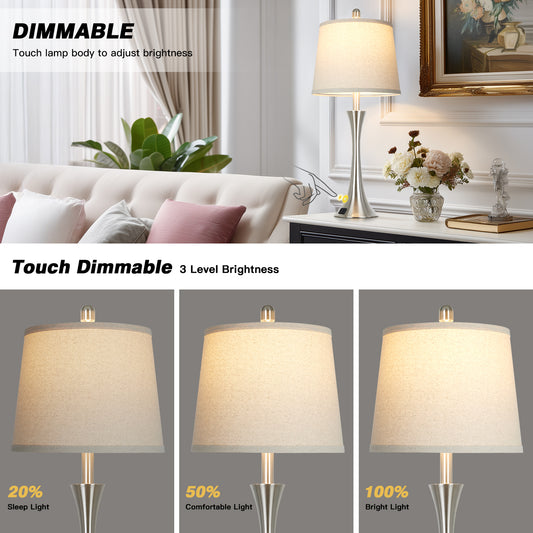 27.5'' Bedside Modern Table Lamp Oatmeal Linen Shade, Silver Nickel Base, E26 LED Dimmer Bulb, USB & Type-C Charging, Touch Switch (Set of 2)