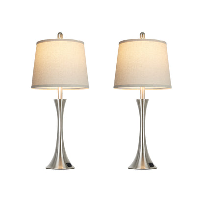27.5'' Bedside Modern Table Lamp Oatmeal Linen Shade, Silver Nickel Base, E26 LED Dimmer Bulb, USB & Type-C Charging, Touch Switch (Set of 2)