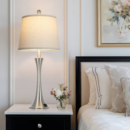 27.5'' Bedside Modern Table Lamp Oatmeal Linen Shade, Silver Nickel Base, E26 LED Dimmer Bulb, USB & Type-C Charging, Touch Switch (Set of 2)