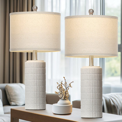 Bedside Milk-white Ceramic Cylinder Table Lamps White Shade LED Bulbs (Set of 2)