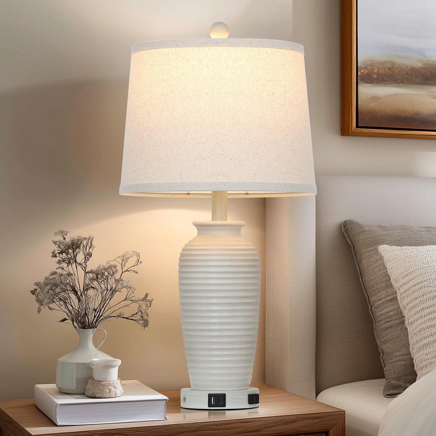 Resin Table Lamps with 3 - Way Touch Dimming, USB Ports and AC Outlet (1P)