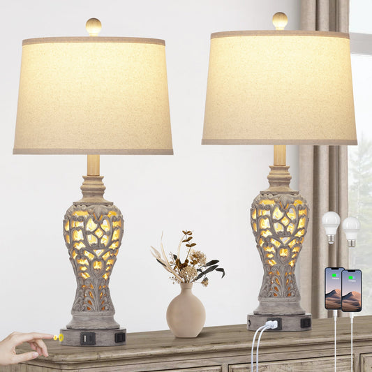 Grey Resin Nightlight Table Lamp 2in1 with 2 Independent Switches (Set of 2)
