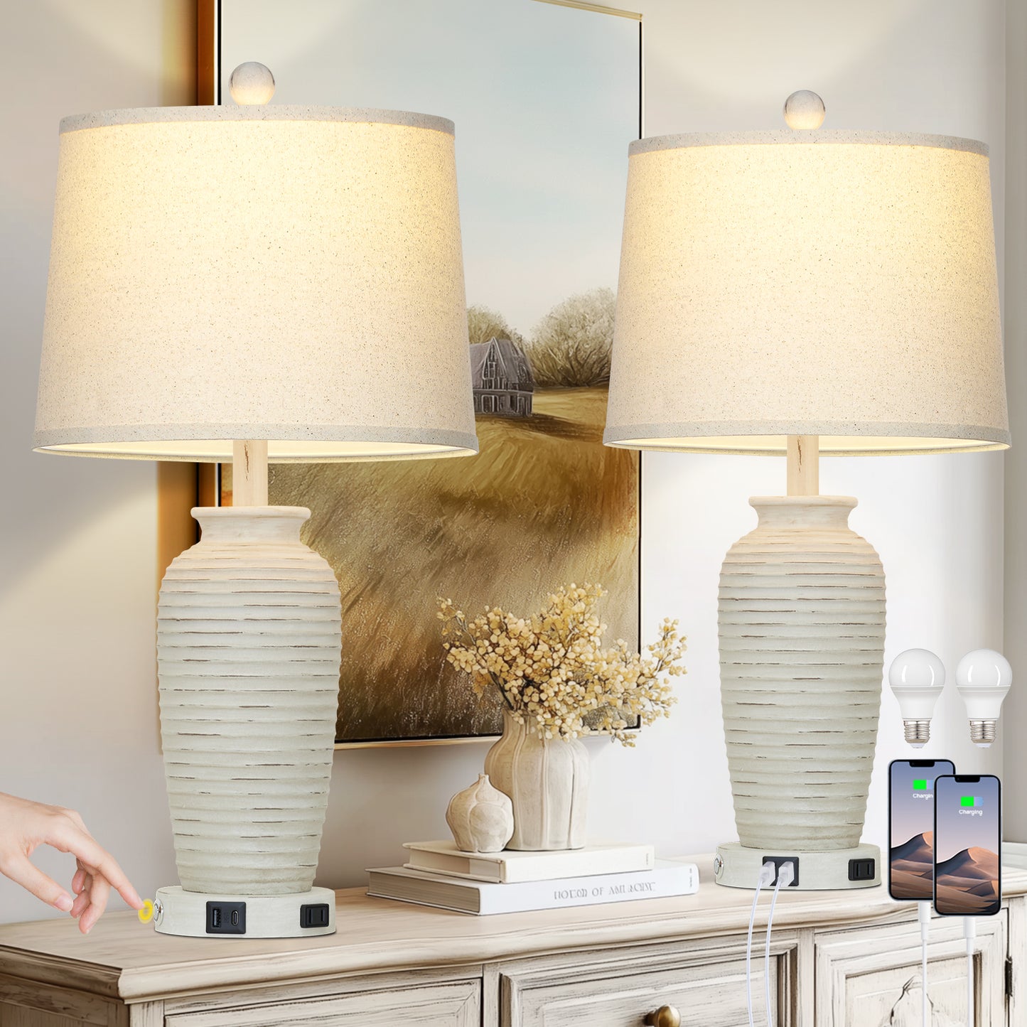 Modern Table Lamps with USB & Type-C Ports, 3-Way Touch, 3000K Warm White Light(Set of 2)