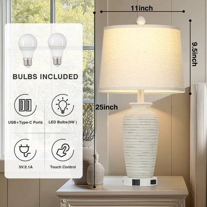 Modern Table Lamps with USB & Type-C Ports, 3-Way Touch, 3000K Warm White Light(Set of 2)
