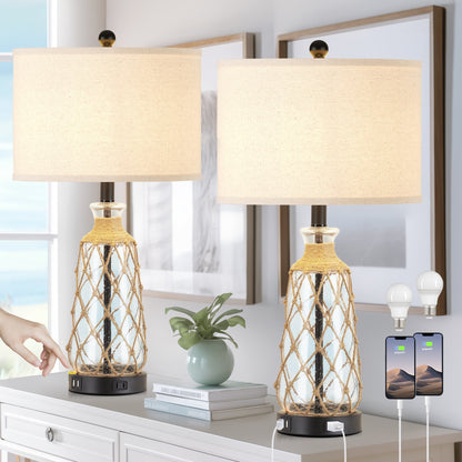 Cinkeda Coastal Table Lamps Set of 2 with USB Ports AC Outlet 3 Way Dimmable Touch Control Bedside Lamp 25" Black Nautical Clear Glass Rattan Nightstand Lamp for Bedroom Living Room