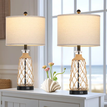 Cinkeda Coastal Table Lamps Set of 2 with USB Ports AC Outlet 3 Way Dimmable Touch Control Bedside Lamp 25" Black Nautical Clear Glass Rattan Nightstand Lamp for Bedroom Living Room