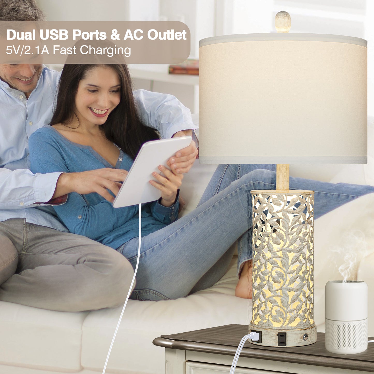 2-in-1 White and Gold Metal Table Lamp with Nightlight, USB Ports, AC Outlet and Touch Switch (Set of 2)