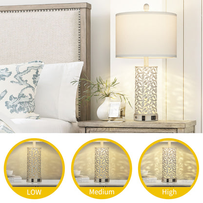 2-in-1 White and Gold Metal Table Lamp with Nightlight, USB Ports, AC Outlet and Touch Switch (Set of 2)