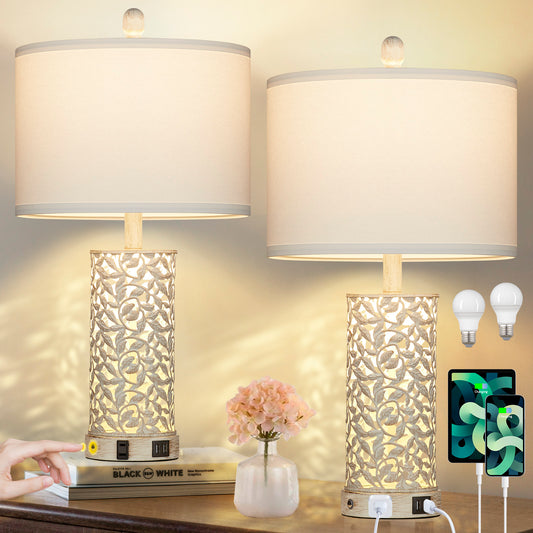 2-in-1 White and Gold Metal Table Lamp with Nightlight, USB Ports, AC Outlet and Touch Switch (Set of 2)