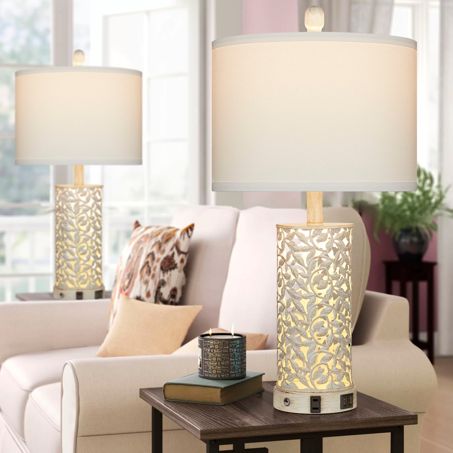 2-in-1 White and Gold Metal Table Lamp with Nightlight, USB Ports, AC Outlet and Touch Switch (Set of 2)