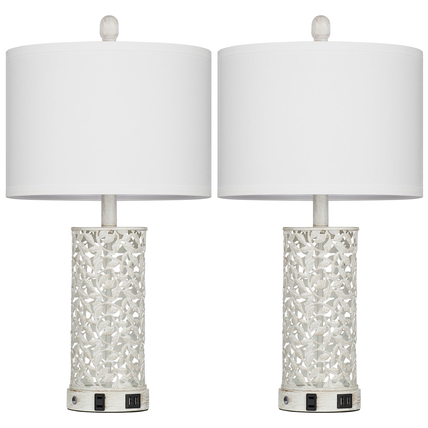 2-in-1 White and Gold Metal Table Lamp with Nightlight, USB Ports, AC Outlet and Touch Switch (Set of 2)