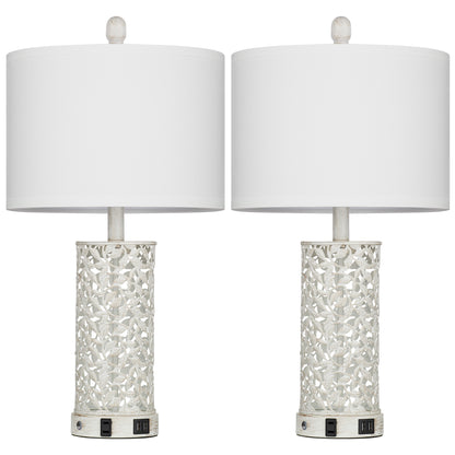 2-in-1 White and Gold Metal Table Lamp with Nightlight, USB Ports, AC Outlet and Touch Switch (Set of 2)