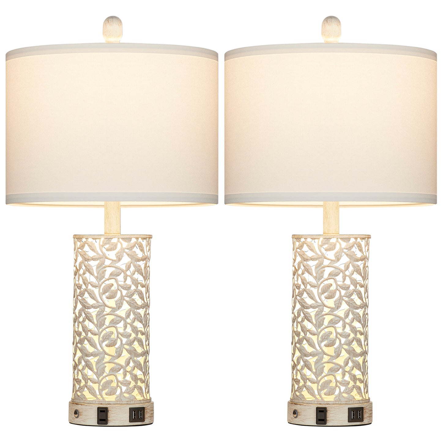 2-in-1 White and Gold Metal Table Lamp with Nightlight, USB Ports, AC Outlet and Touch Switch (Set of 2)