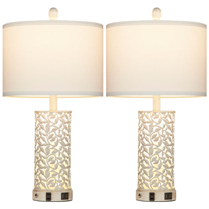 2-in-1 White and Gold Metal Table Lamp with Nightlight, USB Ports, AC Outlet and Touch Switch (Set of 2)