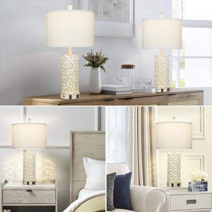 2-in-1 White and Gold Metal Table Lamp with Nightlight, USB Ports, AC Outlet and Touch Switch (Set of 2)