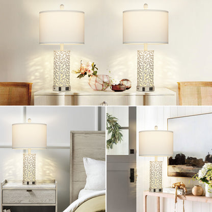 2-in-1 White and Gold Metal Table Lamp with Nightlight, USB Ports, AC Outlet and Touch Switch (Set of 2)
