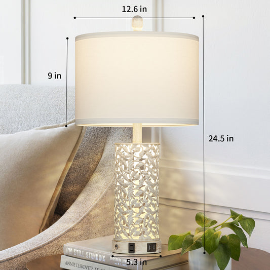 2-in-1 White and Gold Metal Table Lamp with Nightlight, USB Ports, AC Outlet and Touch Switch (Set of 2)