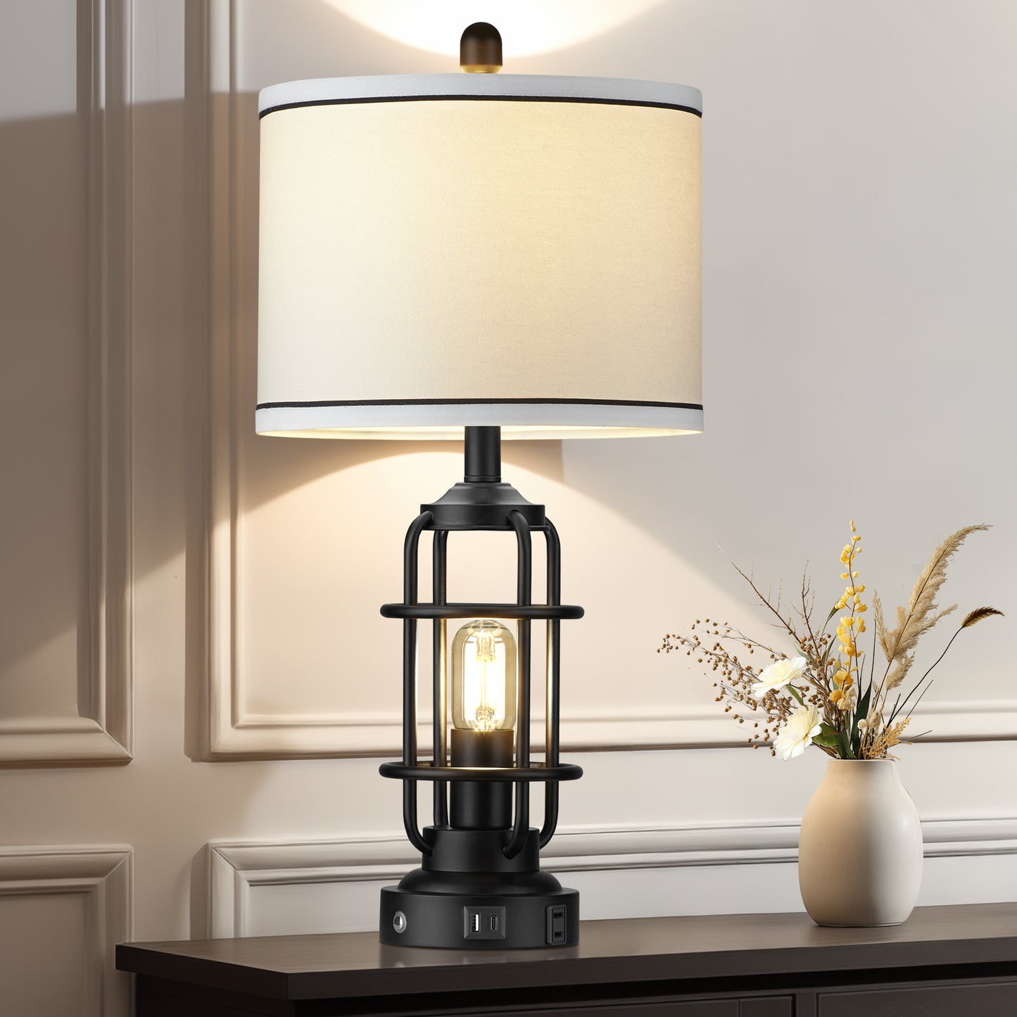 Cinkeda Modern Table Lamp for Living Room Bedroom Single Industrial 3 Way Dimmable Touch Control Bedside Lamp with USB C+A Ports AC Outlet Nightlight