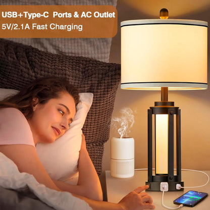 Cinkeda Modern Table Lamp for Bedroom Living Room Single Industrial Black Bedside Nightstand Lamp with USB C+A Ports AC Outlet Nightlight 25" Tall