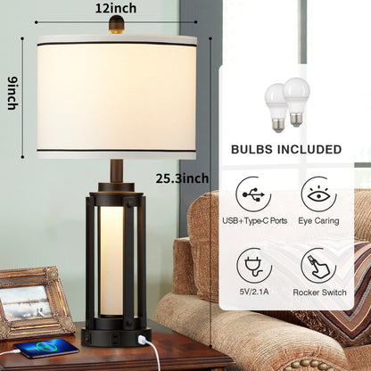 Cinkeda Modern Table Lamp for Bedroom Living Room Single Industrial Black Bedside Nightstand Lamp with USB C+A Ports AC Outlet Nightlight 25" Tall