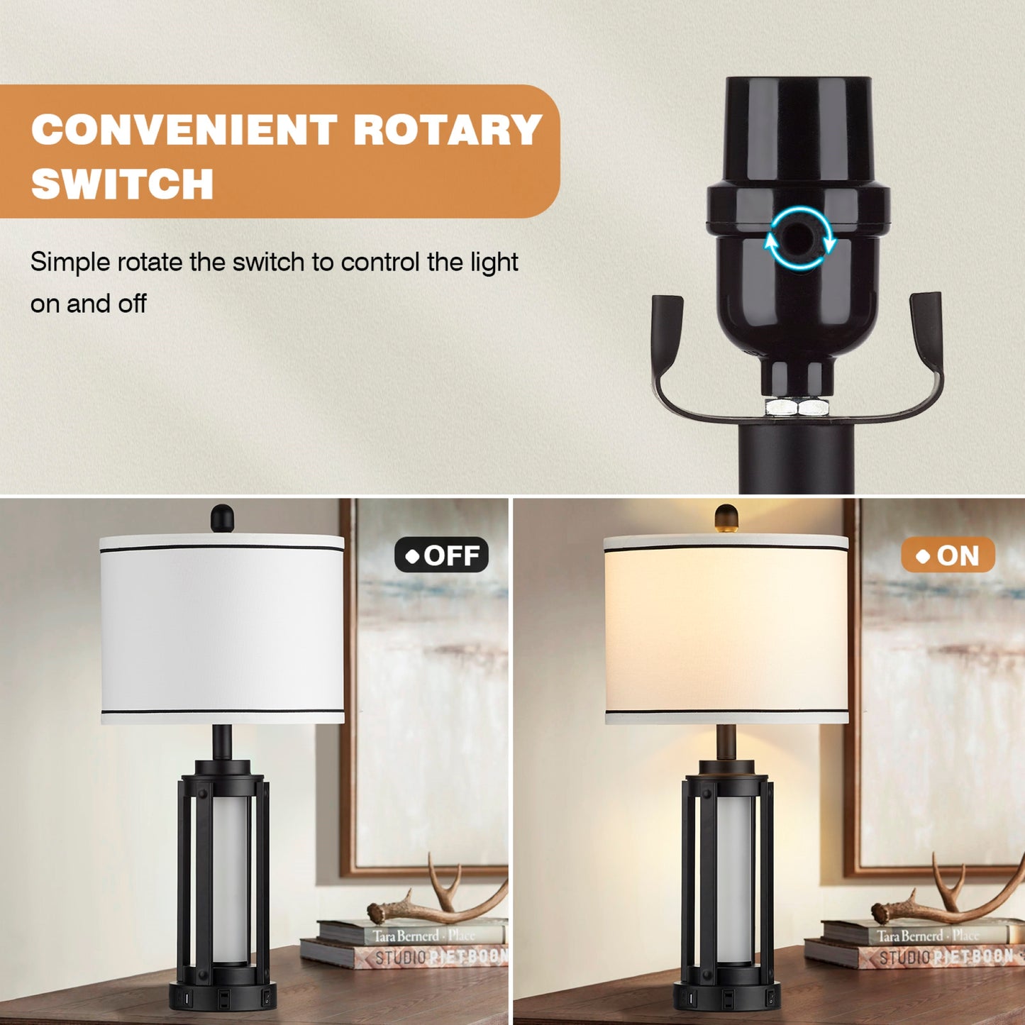 Cinkeda Modern Table Lamp for Bedroom Living Room Single Industrial Black Bedside Nightstand Lamp with USB C+A Ports AC Outlet Nightlight 25" Tall