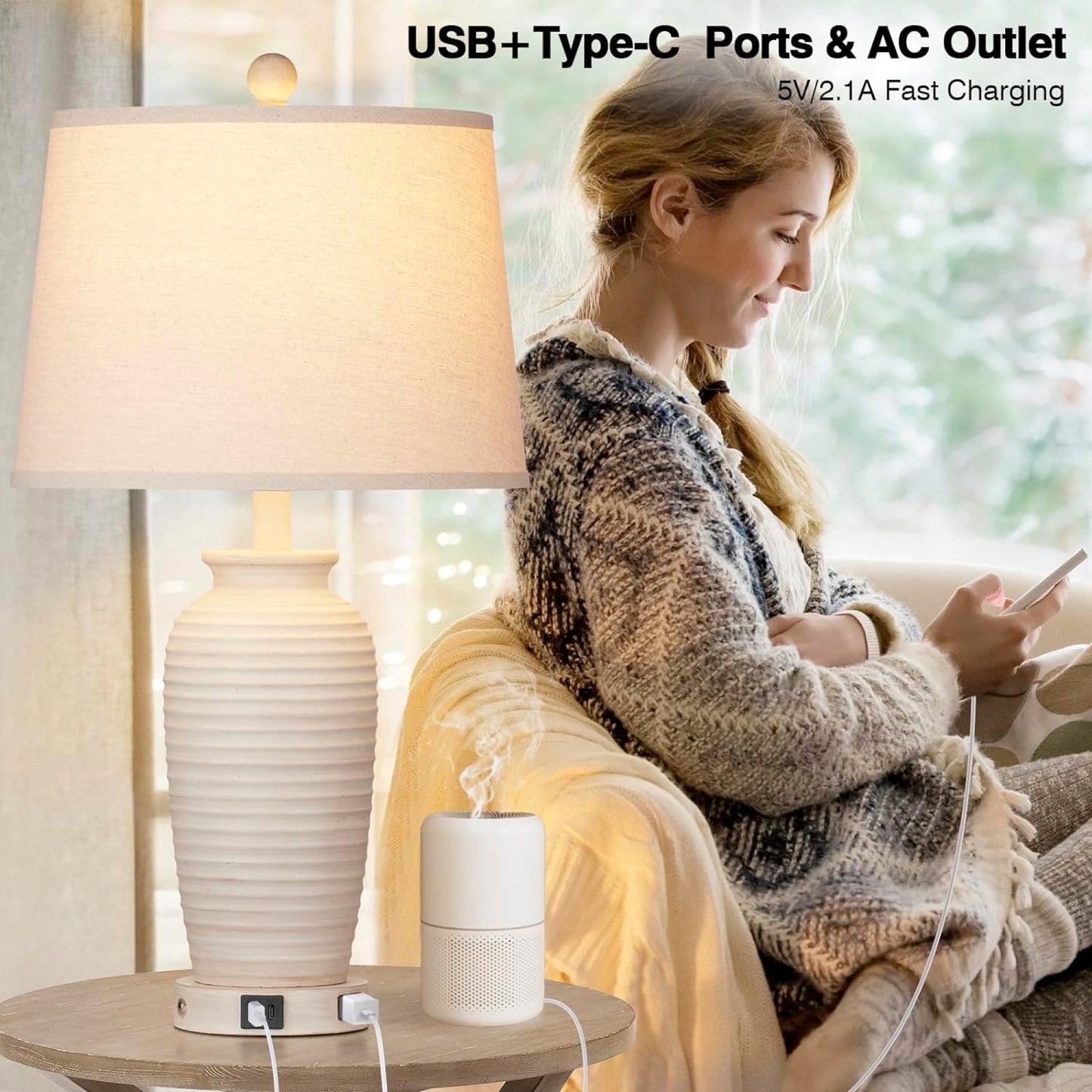 Cinkeda 24" Touch Control Single Table Lamp with USB Type-C Ports AC Outlet Farmhouse White Resin Jar 3 Way Dimmable Nightstand Bedside Lamp for Living Room Bedroom