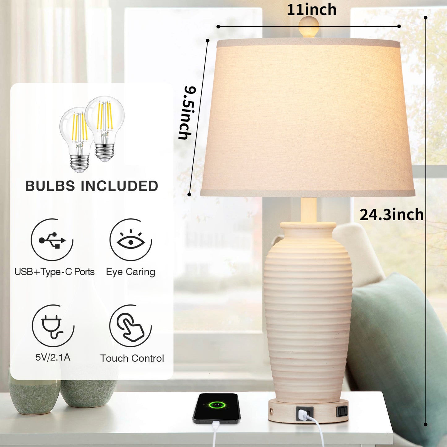 Cinkeda 24" Touch Control Single Table Lamp with USB Type-C Ports AC Outlet Farmhouse White Resin Jar 3 Way Dimmable Nightstand Bedside Lamp for Living Room Bedroom
