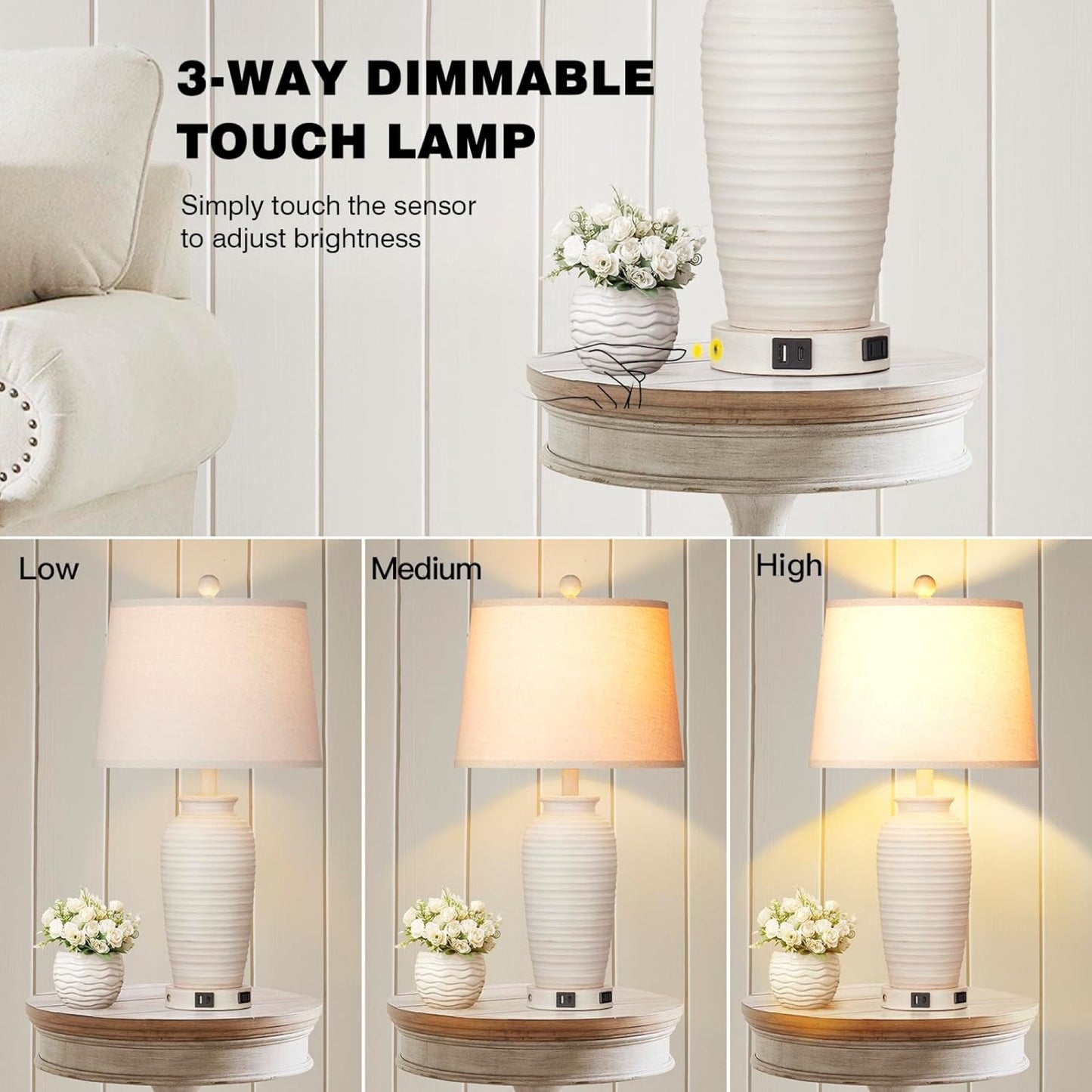 Cinkeda 24" Touch Control Single Table Lamp with USB Type-C Ports AC Outlet Farmhouse White Resin Jar 3 Way Dimmable Nightstand Bedside Lamp for Living Room Bedroom