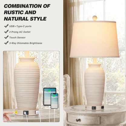 Cinkeda 24" Touch Control Single Table Lamp with USB Type-C Ports AC Outlet Farmhouse White Resin Jar 3 Way Dimmable Nightstand Bedside Lamp for Living Room Bedroom