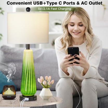 2-in-1 Table Lamps Nightlight in Glass with Green Ripple Style and Rotary Switch & Touch Switch (Set of 2)
