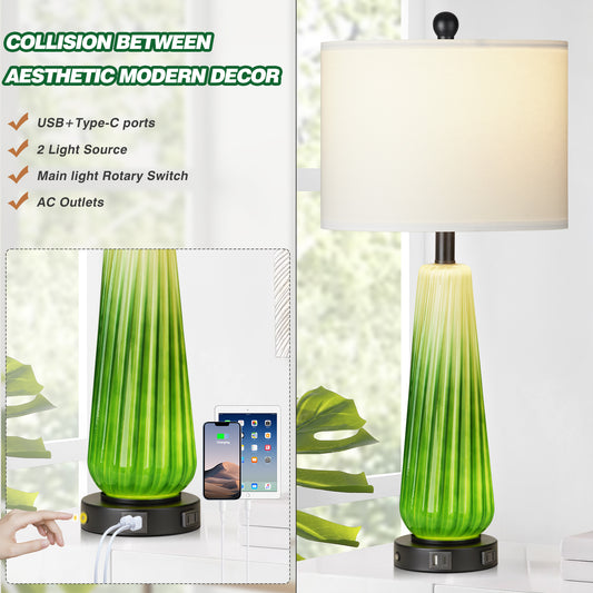 2-in-1 Table Lamps Nightlight in Glass with Green Ripple Style and Rotary Switch & Touch Switch (Set of 2)