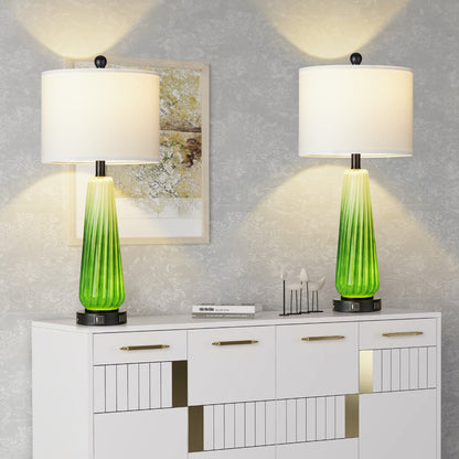 2-in-1 Table Lamps Nightlight in Glass with Green Ripple Style and Rotary Switch & Touch Switch (Set of 2)
