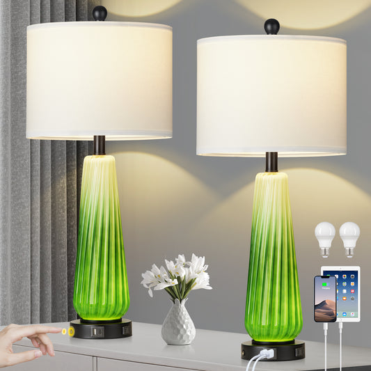 2-in-1 Table Lamps Nightlight in Glass with Green Ripple Style and Rotary Switch & Touch Switch (Set of 2)