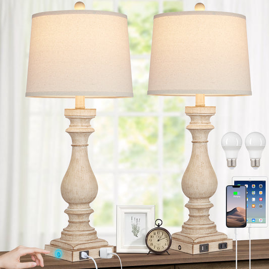 Table Lamps Resin White Vintage Oblique Shade USB Type-C Charging Ports(Set of 2)