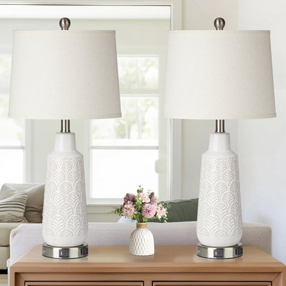 Ceramic White Table Lamps with Ginkgo Leaf Texture and 3 - Way Touch Dimming Switch (Set of 2)