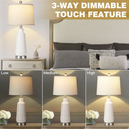 Ceramic White Table Lamps with Ginkgo Leaf Texture and 3 - Way Touch Dimming Switch (Set of 2)
