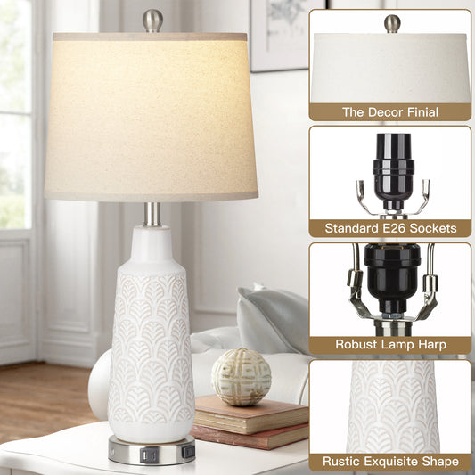 Ceramic White Table Lamps with Ginkgo Leaf Texture and 3 - Way Touch Dimming Switch (Set of 2)