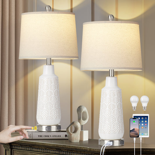 Ceramic White Table Lamps with Ginkgo Leaf Texture and 3 - Way Touch Dimming Switch (Set of 2)