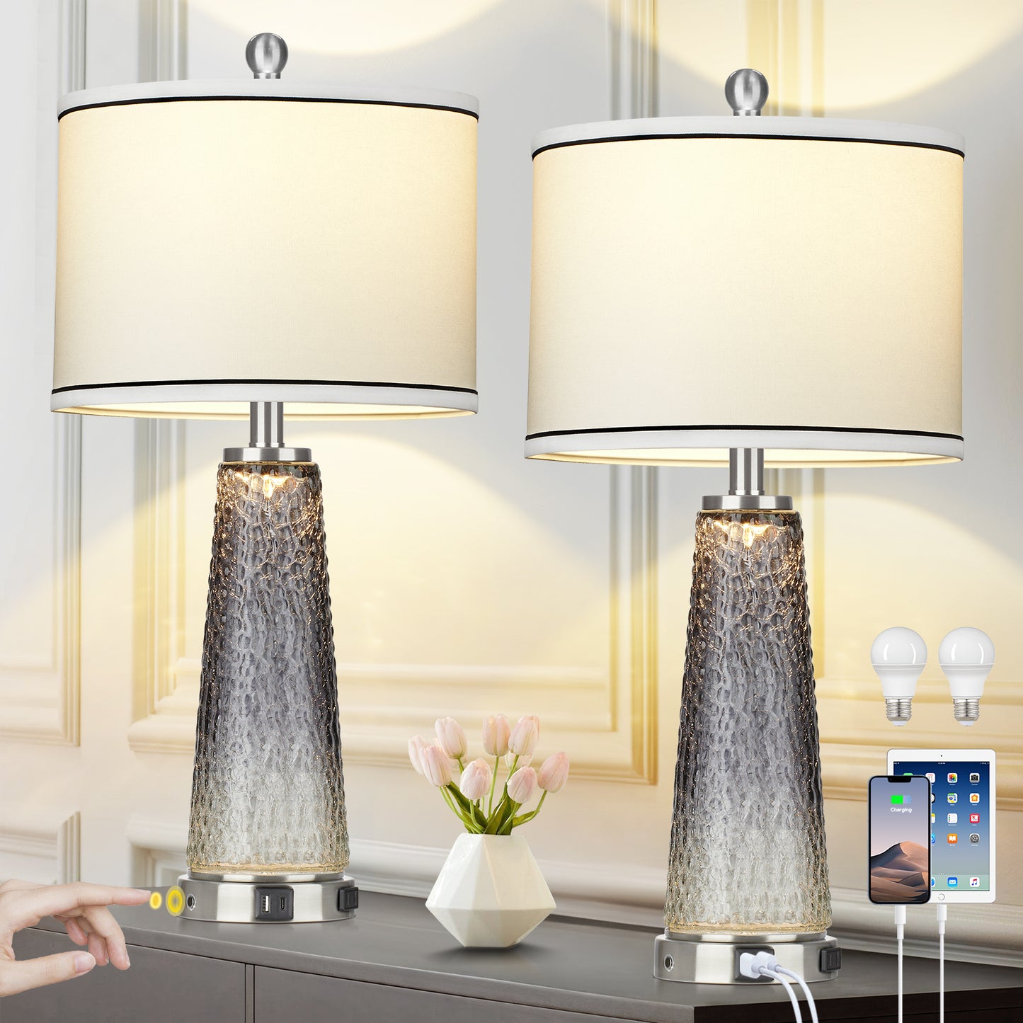 2-in-1 Table Lamps & Nightlight, Grey Glass, with Charging Ports and 2-Way Touch Switch (Set of 2)