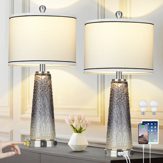 2-in-1 Table Lamps & Nightlight, Grey Glass, with Charging Ports and 2-Way Touch Switch (Set of 2)
