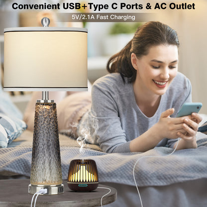 2-in-1 Table Lamps & Nightlight, Grey Glass, with Charging Ports and 2-Way Touch Switch (Set of 2)