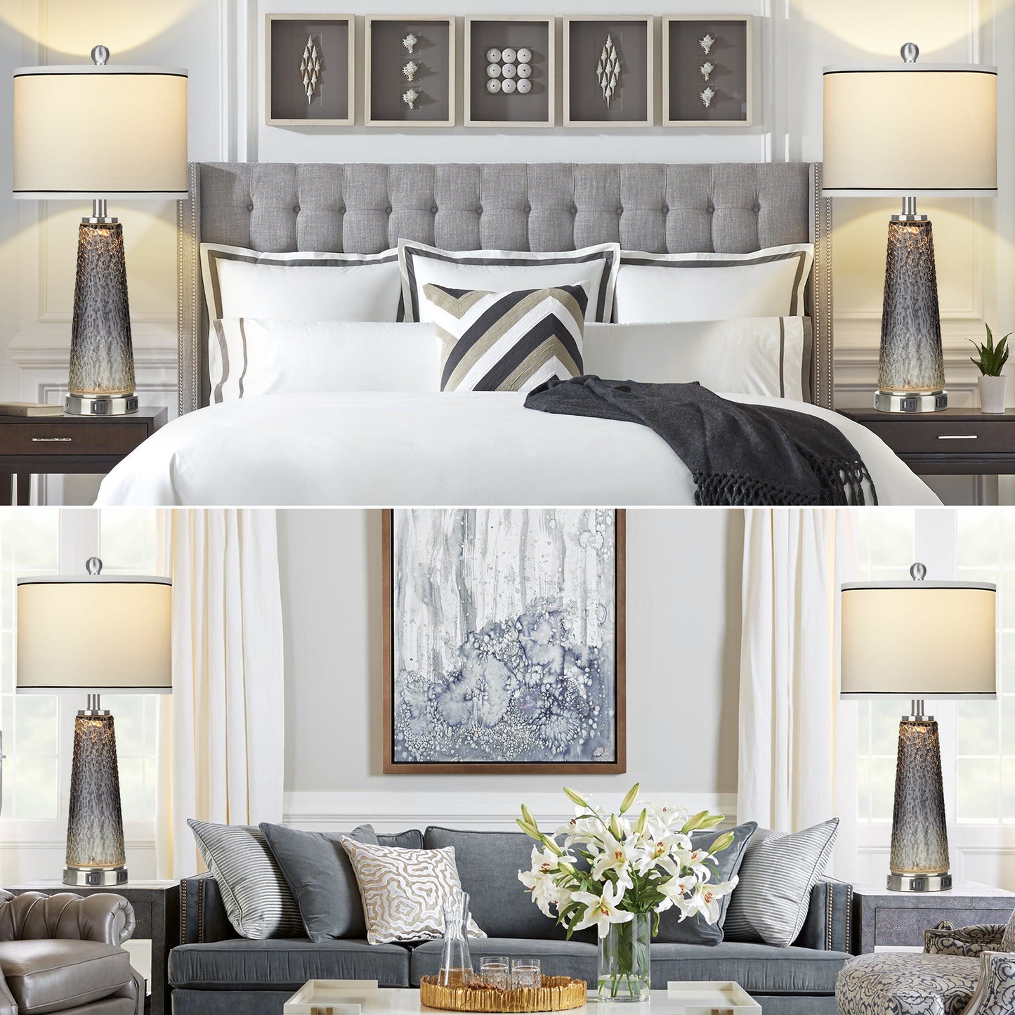2-in-1 Table Lamps & Nightlight, Grey Glass, with Charging Ports and 2-Way Touch Switch (Set of 2)