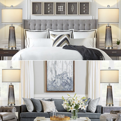 2-in-1 Table Lamps & Nightlight, Grey Glass, with Charging Ports and 2-Way Touch Switch (Set of 2)