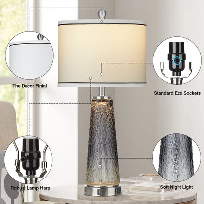2-in-1 Table Lamps & Nightlight, Grey Glass, with Charging Ports and 2-Way Touch Switch (Set of 2)