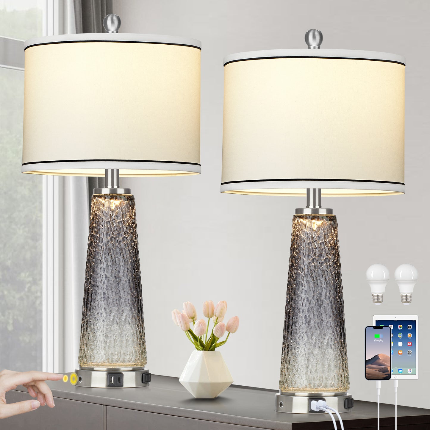2-in-1 Table Lamps & Nightlight, Grey Glass, with Charging Ports and 2-Way Touch Switch (Set of 2)