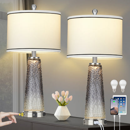 2-in-1 Table Lamps & Nightlight, Grey Glass, with Charging Ports and 2-Way Touch Switch (Set of 2)