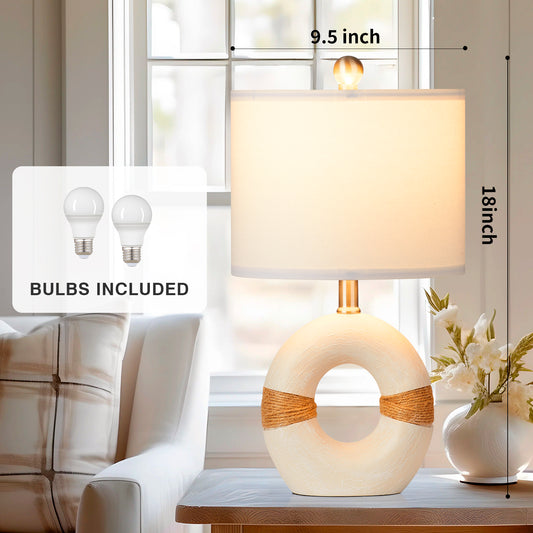 Table Lamps Resin White Donut Style Rotary Switch Jute Rope Accessory(Set of 2)